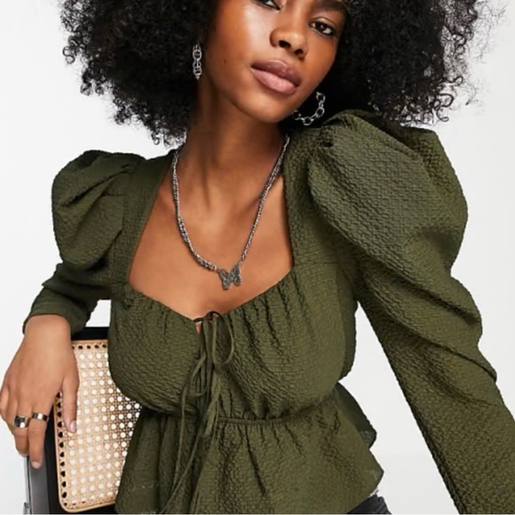 Topshop Tops - TOPSHOP Olive Green Puff Sleeve tie-front crop top